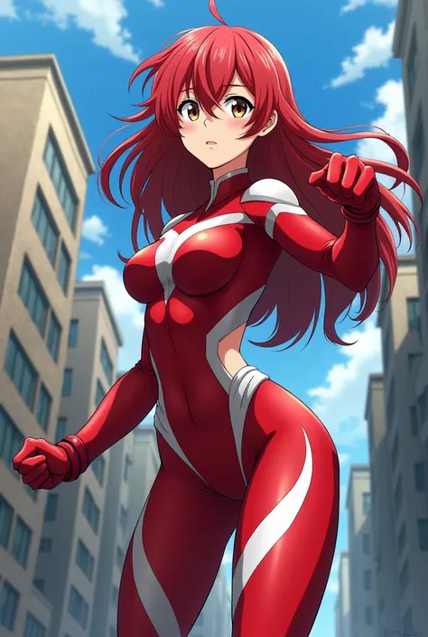  My Hero Academia style ,   anime girl , woman, young woman ,  full body shot ,( Fighting Stance :1.3),Long Hair,  red hair,   brown eyes , hero suit, Full Body Suit,  red suit with white details, perfect anatomy,  enhanced abs , super detailed,(building:1...