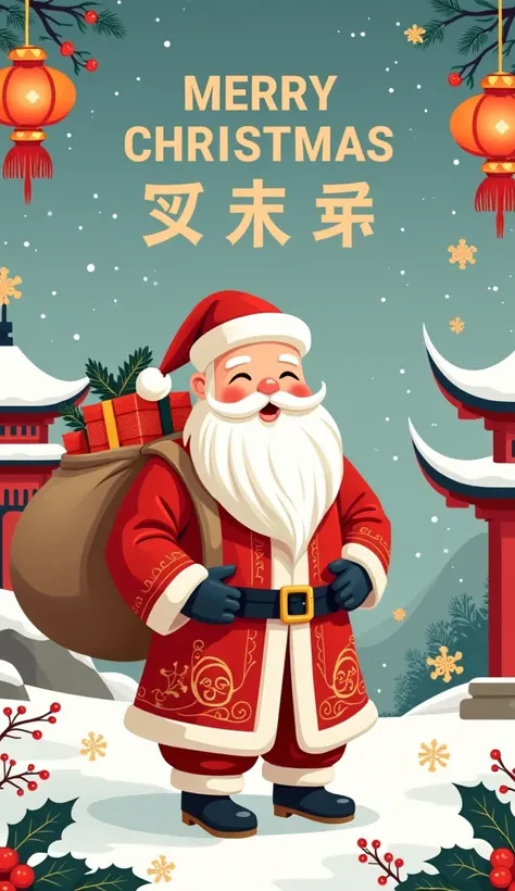 vector, Design christmas card with a chinese santa that says merry christmas