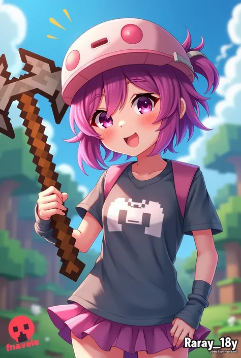  anime character ,  wearing a Minecraft helmet, And a female pickaxe ,  logo with the name raray _18y