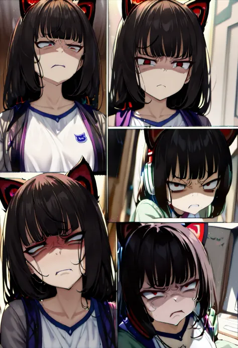 ( masterpiece ,  better quality :1.2),Alone, ( 1 female, Junkotvvxl casual wear),light skin, black hair,  straight bangs , cat ears, red eyes,  headphones in a room,(Frown, disdain, endured cara ),( look of disgust:1.9),