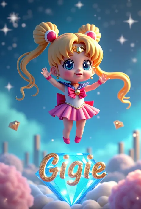 A 3D render of a cute chibi Sailor Moon with the name "GIGIE" in gold sparkling diamonds. She is floating in the air with her hands raised. There are stars, a beautiful holographic diamond, aqua smoke, and a city skyline in the background. The overall imag...