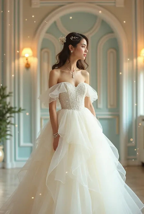 "Create a whimsical indoor scene featuring a woman wearing a radiant white ball gown with a voluminous, layered tulle skirt and intricate translucent detailing. The bodice is off-shoulder with delicate, flowing folds that wrap around elegantly. The gown is...