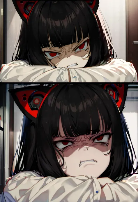 ( masterpiece ,  better quality :1.2),Alone, ( 1 female, Junkotvvxl casual wear),light skin, black hair,  straight bangs , cat ears, red eyes,  headphones in a room,(Frown, disdain, endured cara ),( look of disgust:1.9),