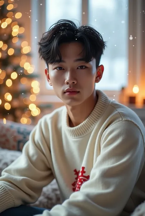 photorealism: 1.2), Handsome man, eropa + korean man ,face young man,face shape v,sitting in the living room, snowy atmosphere snow, beautiful eyebrows,small sharp nose, sweet peach lips, wearing a Christmas sweater simpel white small red desain,French crop hair ,hair color black,use , white walled room, bright cool lighting, Christmas tree plant, skin body white, warm pose, realistic and detailed Christmas atmosphere, colorful Christmas,the photo neck says Betmen name
