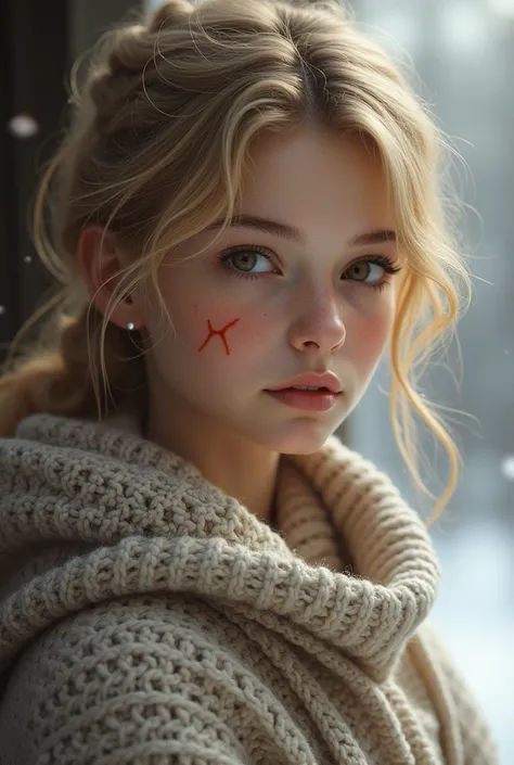 Girl in her 17s, blonde ponytail, brown eyes, sweater, winter, jewerly, red scar on forehead 