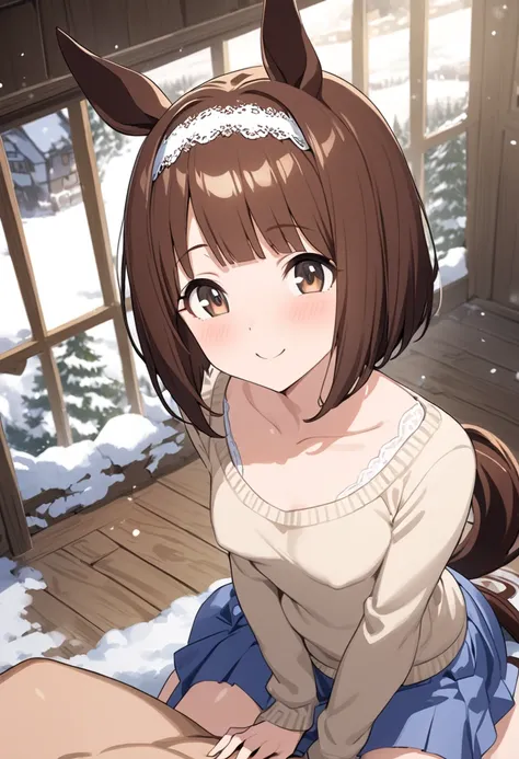  best quality、 Play、One girl、One man、Round face shape、細身の体、 small breasts、 horse ears and tail 、 short bob、Shiny reddish brown hair、 white lace headband in a position above the head、Brown eyes、 cream sweater 、 pale light blue skirt 、smile、Village with a sn...