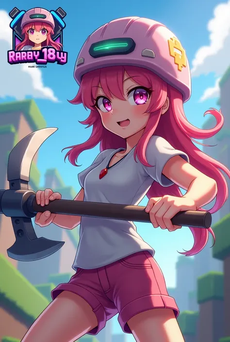  anime character ,  wearing a Minecraft helmet, And a female pickaxe ,  logo with the name raray _18y