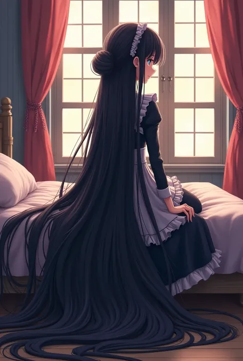 anime girl with super long black hair in bed room with stained windows, full body, 50 meters long hair, thick hair, long hair is flowing down to the ground like a waterfall at her feet,  which just keeps growing ever so slightly, touching the floor, huge b...