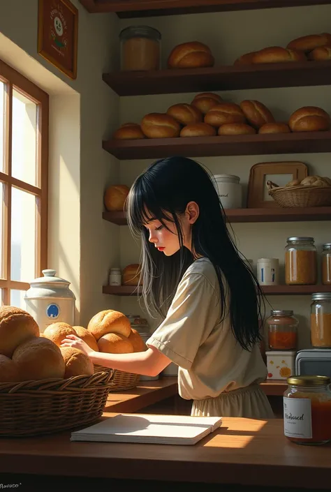 DosMix a girl, bread shopkeeper, black hair, sad in her shop