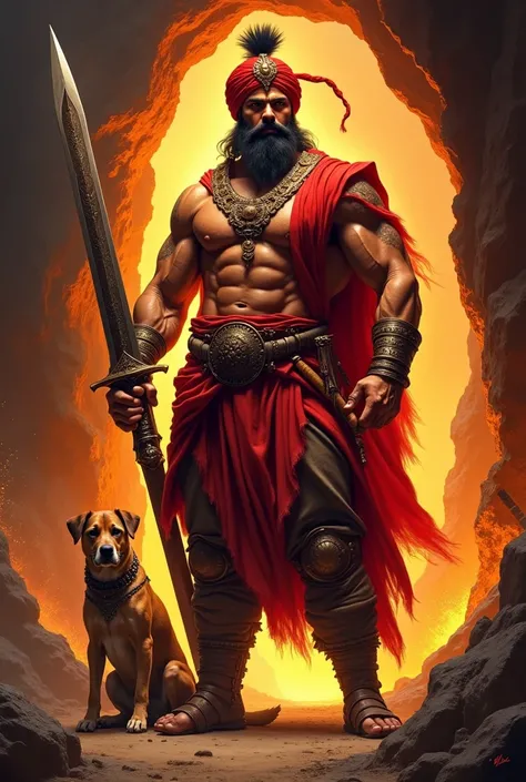 Man Six pack body, full body fire ,wear Red Angvastra,Left hand hold big sword, right hand hold cigar, head turban sitting at cave under leg side sitting dog