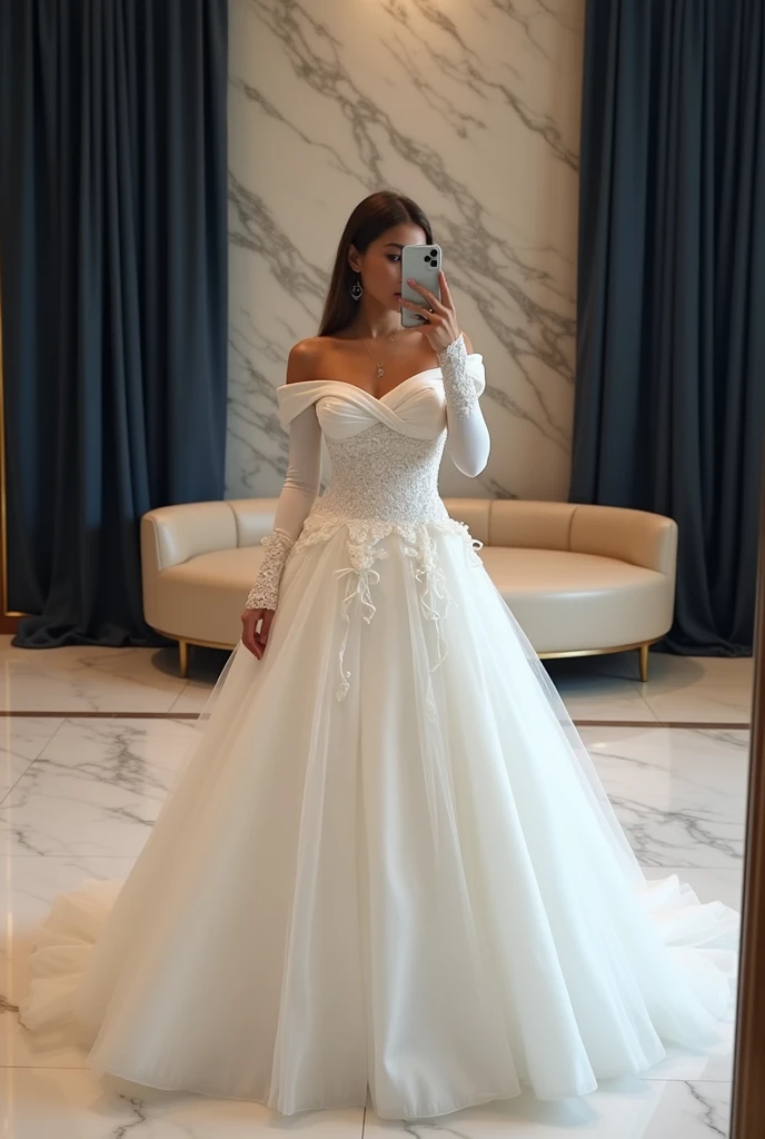 "Design an elegant off-shoulder white ball gown with a voluminous tulle skirt and a structured satin bodice featuring intricate lace details and asymmetrical layers. The sleeves are long and fitted, with delicate lace-up ribbons. Position a female model we...