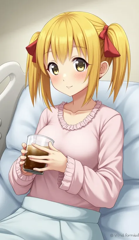  1 girl,  Grown Ups, twin tails,Dark yellow hair, hospital bed ,Baggy clothes, high definition , masterpiece, accurate,  Very detailed,  textured skin, reality, fluffy pajamas, modest breasts, short hair ,White Eyes,Drink in a cup ,Fluffy