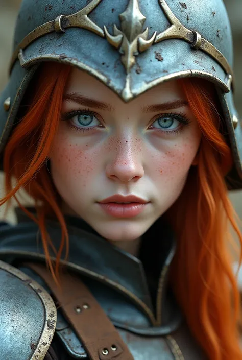 Young red girl with pale skin and light eyes close up wearing helmet and war armor with scars