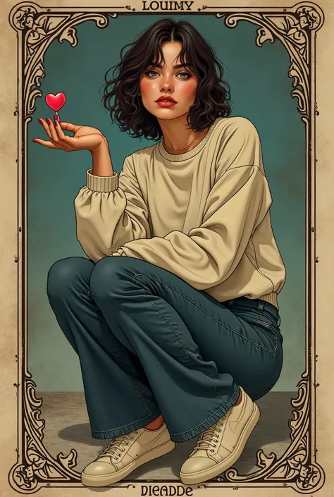 masterpiece,  Tarot Aesthetics ,  vintage line-art  vintage aesthetics,  Seductive Teenage Divas ,  Oversized Sweatshirt , High Waist Dark Wash Flare Jeans,  sneakers,, In Danger ,  Melancholy Poses ,  vintage,  Sexy and Curious ,  vintage line-art aesthet...