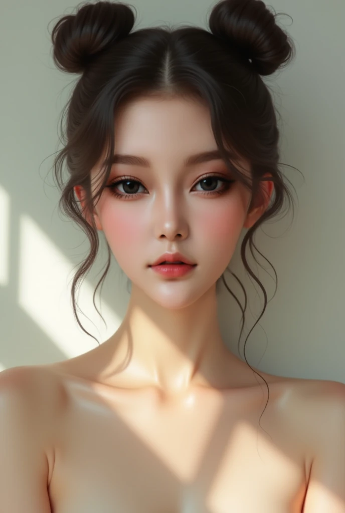 features a young woman with fair skin and striking facial features. She has large, expressive eyes and a delicate nose. Her lips were full and slightly parted. Her hair was styled in two symmetrical buns on top of her head, with loose strands framing her f...