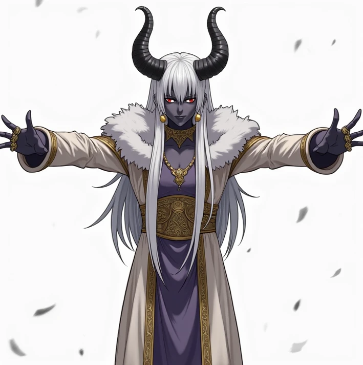  Description of Character for Anime Style Art :**

- **Hair**: long and silky, of a pure white,  that descends to the middle of his back ,  creating an impressive contrast with your skin .
  
- **Bright**:  Two imposing horns decorate his head ,  reinforci...