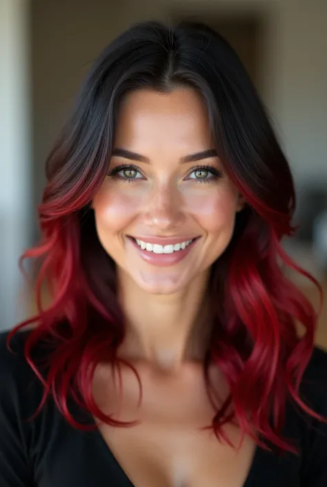 A realistic photograph of a white German woman with a fair complexion, black hair featuring vibrant red highlights, styled in loose waves. She has soft makeup that enhances her natural features and a warm smile. The photo is framed as a medium close-up (he...