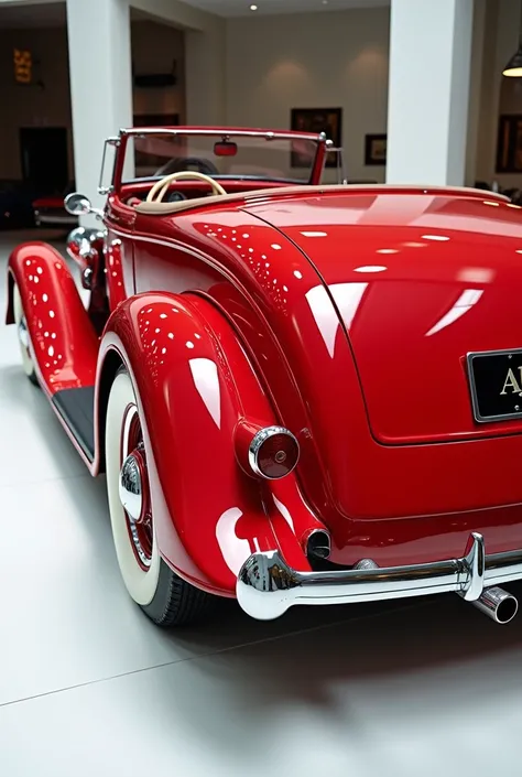 Close right and left view view of painted RED  with shiny clour 1934 auburn  speedster sleek in large shape sedan in large size with Auburn  logo on its large detailed grille in shiny white clour with angular sporty design captured from close back view wit...