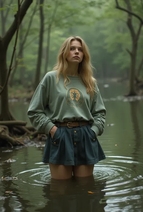  simple vintage aesthetics, simple vintage, ecstasy diva, Accessories, skirt,  plus size sweatshirt, teen stockings , drown in a swamp,  artistic posing ,  blonde , ancient tarot