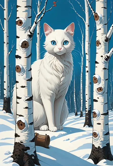  doll cat ,  white on blue , birch trees , winter, 
 a strange magical world in the style of Amy Earles