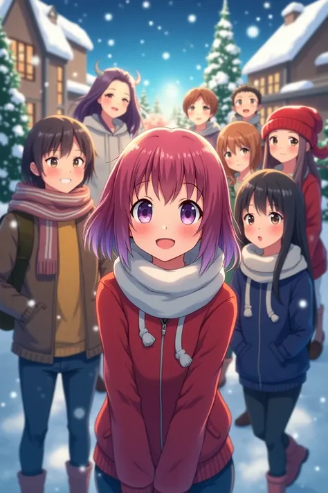 An anime group photo of a middle school student in a Christmas mood