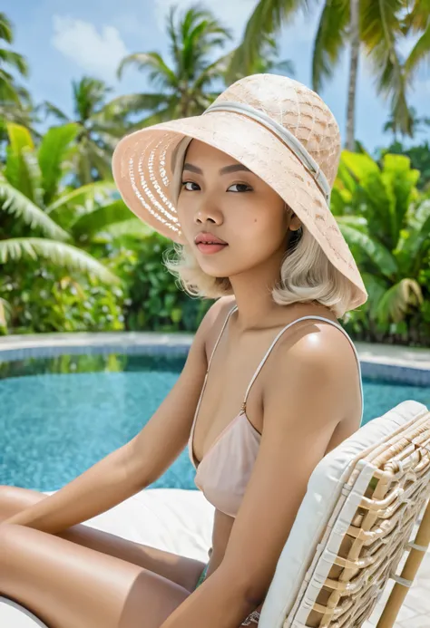  A 20-year-old Indonesian woman ,  Big round breasts , short wavy bob with silver blond, sexy body,  sitting on a lounge chair by the pool ,  against the background of coconut trees and clear blue sea .  She wears summer clothes in the form of a hat webbin...