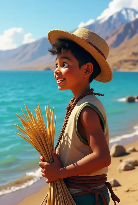 Cheerful peasant boy,   in profile,  holding totora in both hands at Lake Titicaca