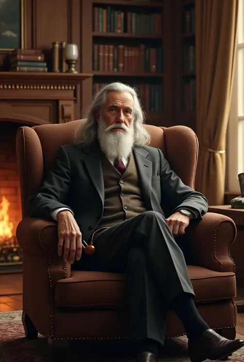 A kind and handsome old man in a pipe and a suit with long hair and a beard sitting by a fireplace in a library.