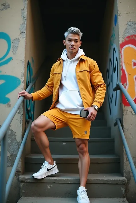 Long distance shoot. photoshoot of a handsome Asian man standing on the stairs in a shabby old building. Muscular body. The left hand holds the iron ladder and the right hand holds a cellphone. The man had silver hair but was neatly groomed. wearing a must...