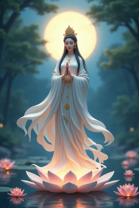 "Create a serene depiction of a divine figure resembling Guan Yin, the Buddhist goddess of compassion. She is standing gracefully on a glowing lotus pedestal surrounded by a tranquil pond filled with blooming lotus flowers. She wears a flowing white robe, ...