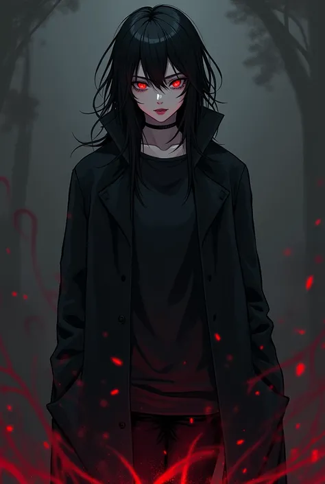 Red-eyed vampire,  long black hair , seeds, black trench coat and black t-shirt, 27 years old,  anime style 