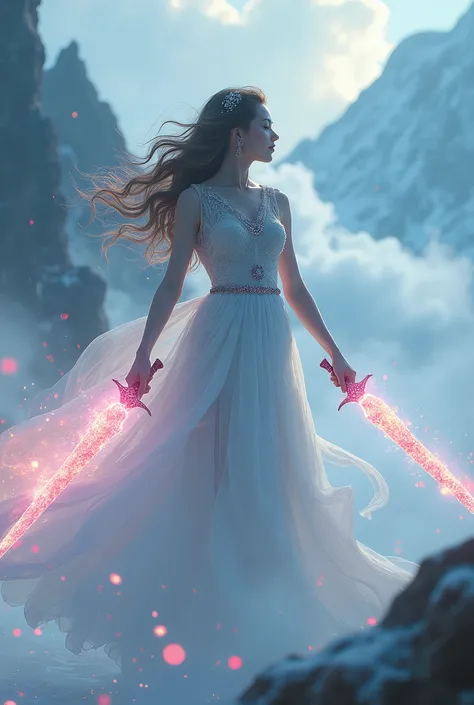 Icy rainbow flame sword  ,  Dancing in Fire ,  Wearing a fluttering white dress , adorned with ruby jewels,   Confident smile surrounded by swirling clouds against a mountain backdrop, ( best quality,4K,8k, high definition ,  Masterpiece :1.2), ultra detai...