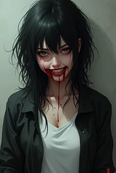 The black-haired woman, with dark brown eyes, wore a white T-shirt under her black eyes, her hair was tangled, was smiling and bleeding from her mouth.