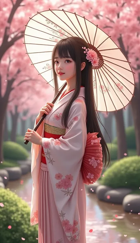 Kimono-clad  girl posing in a cherry blossom garden with a traditional Japanese umbrella."