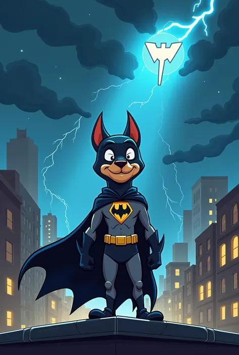 "A funny and cartoonish illustration of a dog-like character named Chill, dressed in a superhero costume resembling Batman. The character is standing on a rooftop at night in a dark Gotham-style city with lightning in the background. On the characters ches...