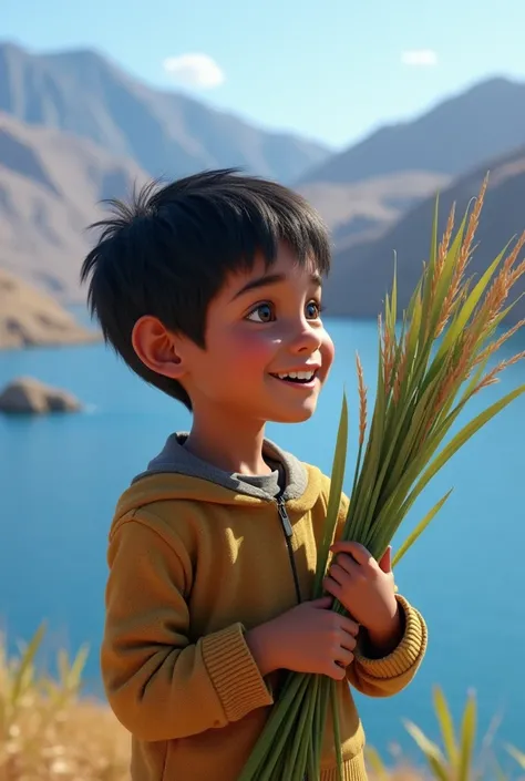 Andean boy without a hat, happy,   in profile,  holding totora in both hands at Lake Titicaca