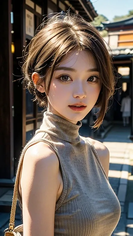 The ancient city of Kyoto、Sweaty、Boleroクリアレッド Turtleneck 、 short bob hair、fine、vitality、 Platinum Gold Hair Color、セクシーショートスマイル、Dazzling lighting