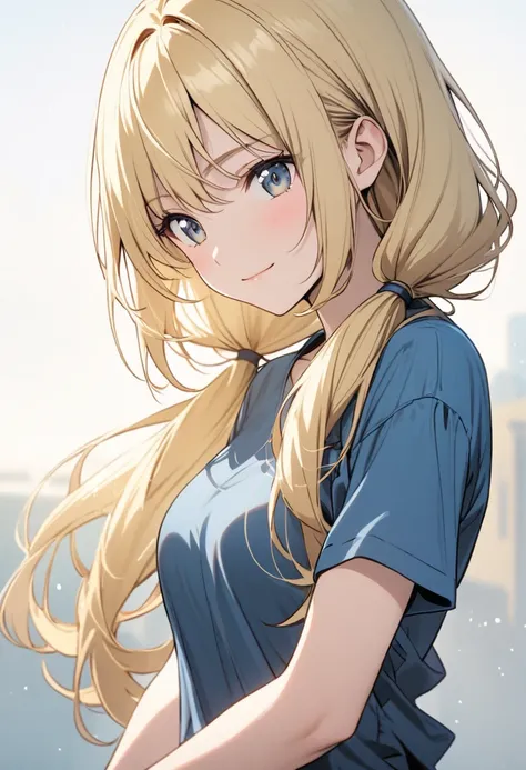 blonde hair, low-tied hair, low twintails, long hair, light smile, blue shirt, medium breasts