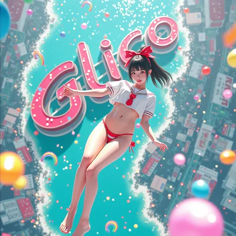 Haunting Live-Action, Extremely Detailed KAWAII JK Diving from Glico Running Man at Doutonbori, Sparkling, LifeLike Rendering, MotionBlur, (XLabs F.1 Realism LoRA V1), White Sailor Uniform with Thongs, Red Ribbon Ponytail hair fluttering in the wind, Profe...