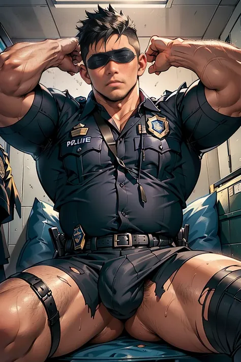 ((nsfw)), ((masterpiece)), ((best quality)), ((perfect anatomically)), ((high detailed)), 1 boy, cute baby face, (embarrassed look), (blush), ((black short hair)), bulky body, bulge, huge butt, undercut hair, (((police officer))), (((wearing police uniform...