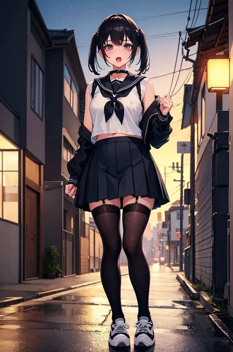 a solo cute femboy, short pigtail hair ,black eye, eye makeup ,open mouth , wearing a japan sailor school uniform ,black pantyhose ,wearing a sneaker, h cup breast , standing in front of a house at winter night time.