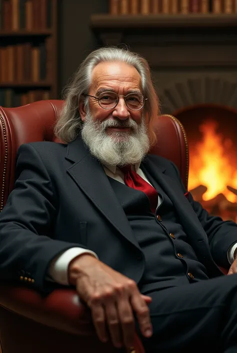 A kind and handsome old man in a pipe and a suit with long hair and a beard sitting by a fireplace in a library whit smile and one eye glass