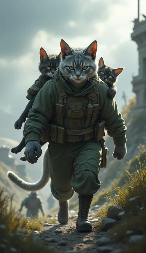 A realist, "Walking down a steep hill under a cloudy sky, the humanoid cat protagonist, with short gray fur, a white patch on his chest and bright green eyes and in military attire, carries an injured humanoid cat on his back on a makeshift stretcher. He i...