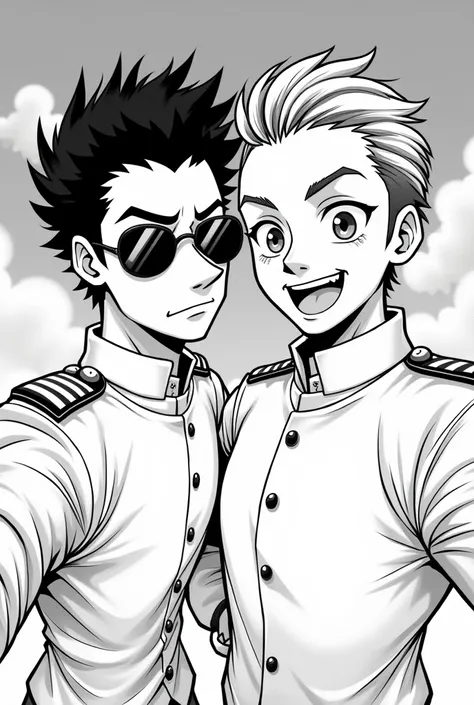 Create a black and white manga cartoon in the Jojo style of two men as if they were taking a selfie and art were the selfie,  to a man in the selfie who only shows his nose, curly hair and sunglasses and the other is in a white uniform with straight hair I...