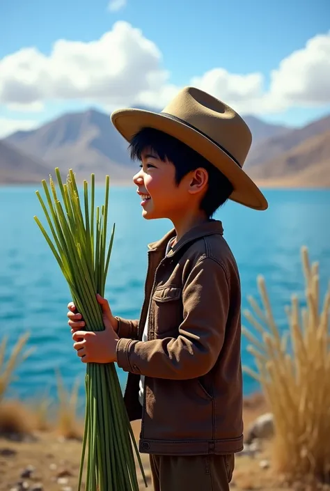 Andean boy without a hat, happy,   in profile,  holding totora in both hands at Lake Titicaca