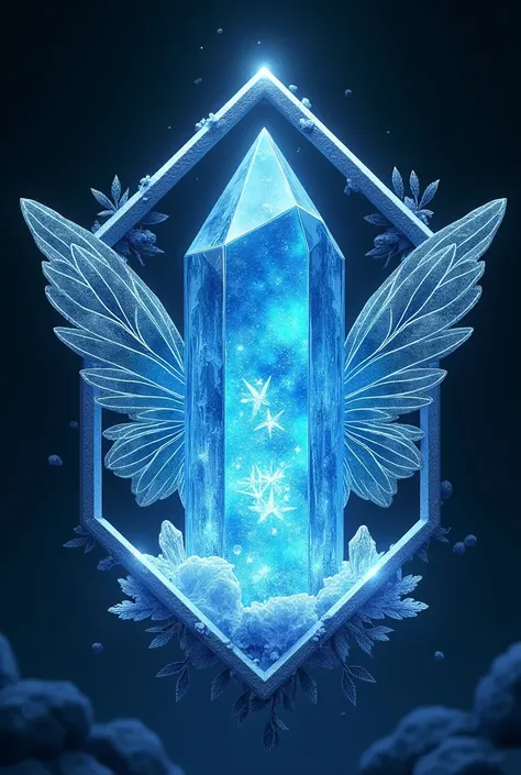 Blue crystal with ice crystals inside is a family emblem, with fairy wings, framed in white, Chinese style, black background.