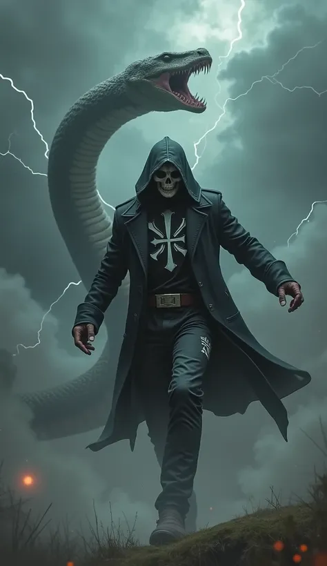  High Definition . a person. tall hooded skull man jumping forward,  wearing a black jacket symbol in white  "round with crosses "  and black pants with an upside-down sword. huge snake behind  "cobra"  looking in front . From behind with a lot of storm an...