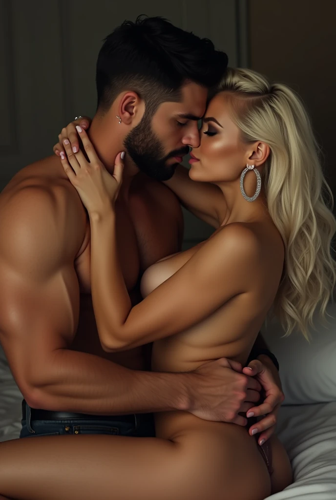 Handsome and muscular man with short hair and short black beard with Aguilera woman 25 years old black eyeshadow platinum blonde hair with silver hoop earrings both without any clothes lying on a bed kissing