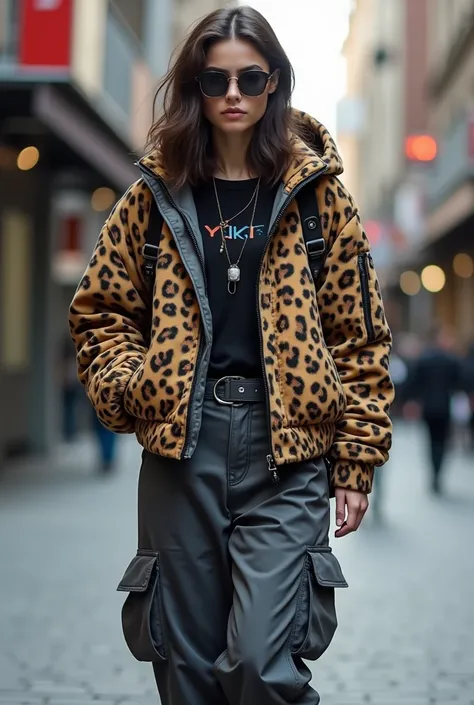 y2k outfit leopard print jacket and cargo baggy dark grey 