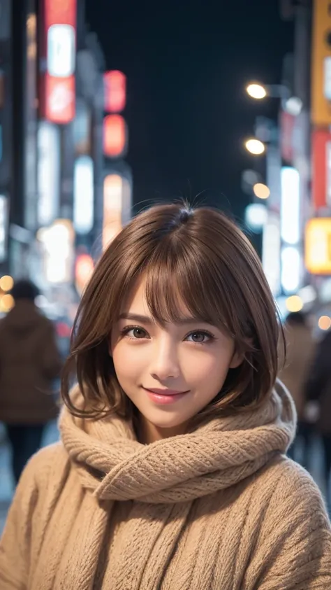 highest quality、genuine、Super detailed、finely、High resolution、8k wallpaper、one beautiful woman、light brown hair、sharp focus、perfect dynamic composition、beautiful and detailed eyes、thin short hair、Detailed genuine skin texture、smile、model body shape、at wint...